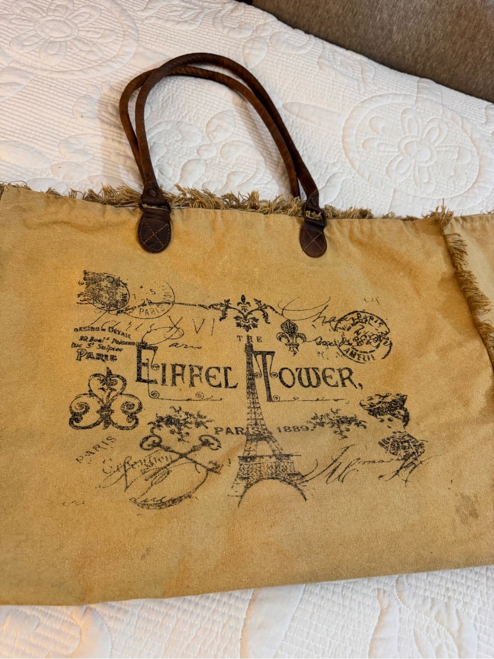 Eiffel Flower Canvas Tote Bag in Tan with leather Brown Handles.